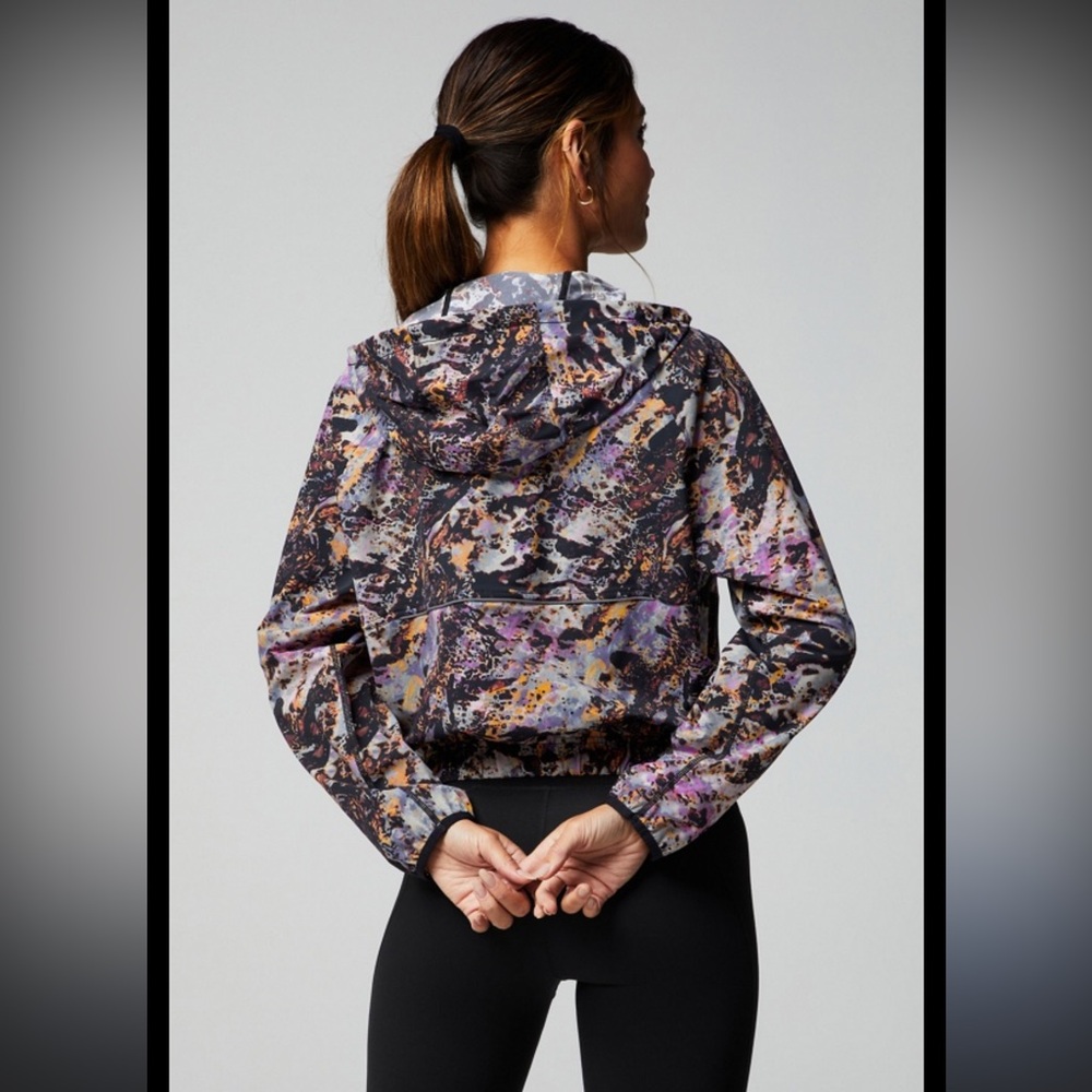 NWT Fabletics Women's Abstract Purple and Orange Bomber Jacket With Black Shorts - Picture 2 of 16